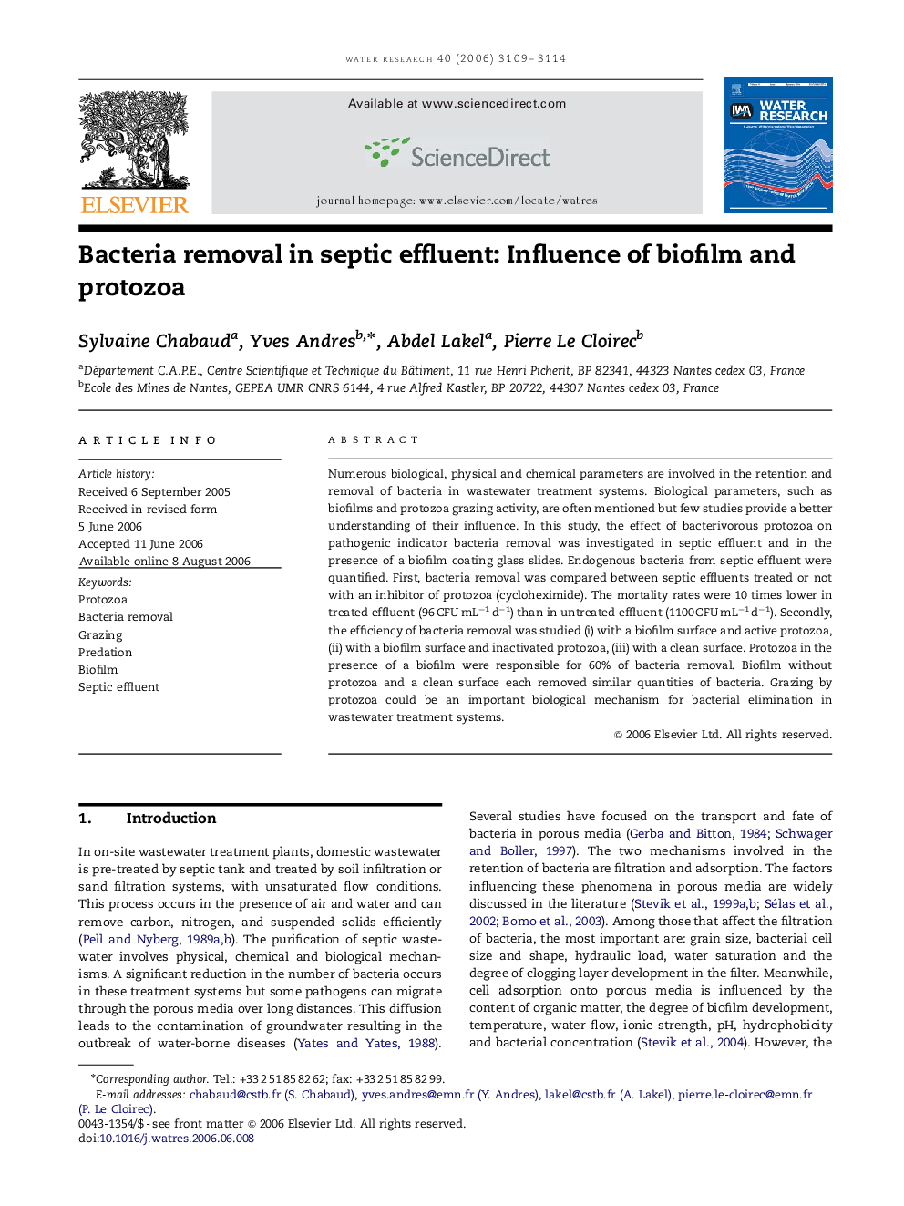 Bacteria removal in septic effluent: Influence of biofilm and protozoa