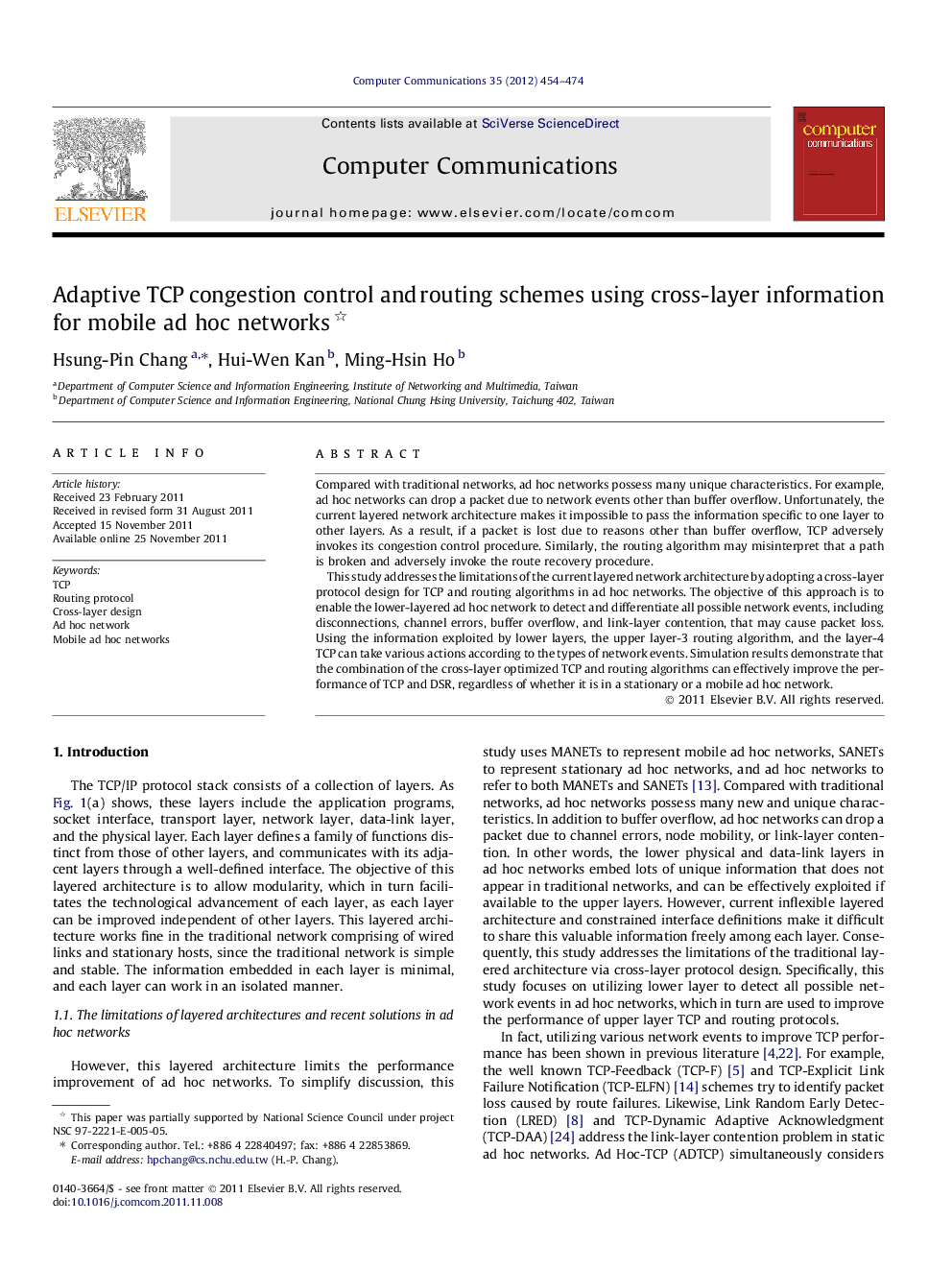 Adaptive TCP congestion control and routing schemes using cross-layer information for mobile ad hoc networks 