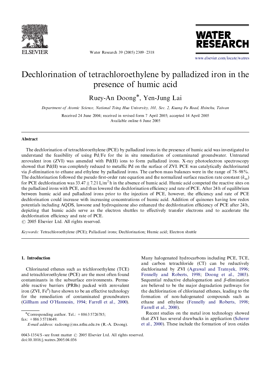 Dechlorination of tetrachloroethylene by palladized iron in the presence of humic acid