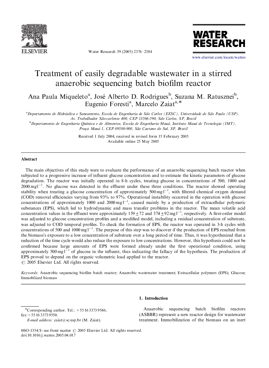 Treatment of easily degradable wastewater in a stirred anaerobic sequencing batch biofilm reactor