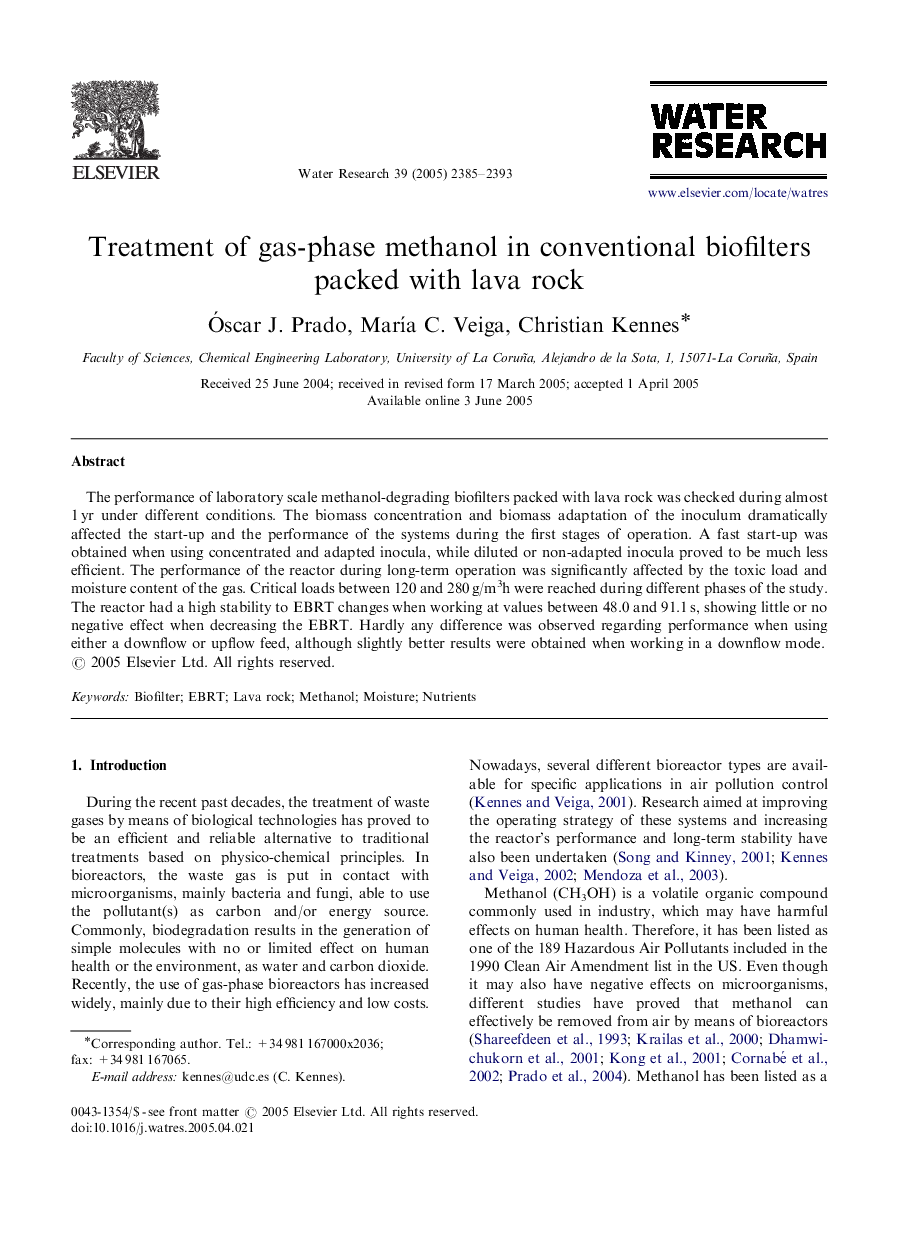 Treatment of gas-phase methanol in conventional biofilters packed with lava rock