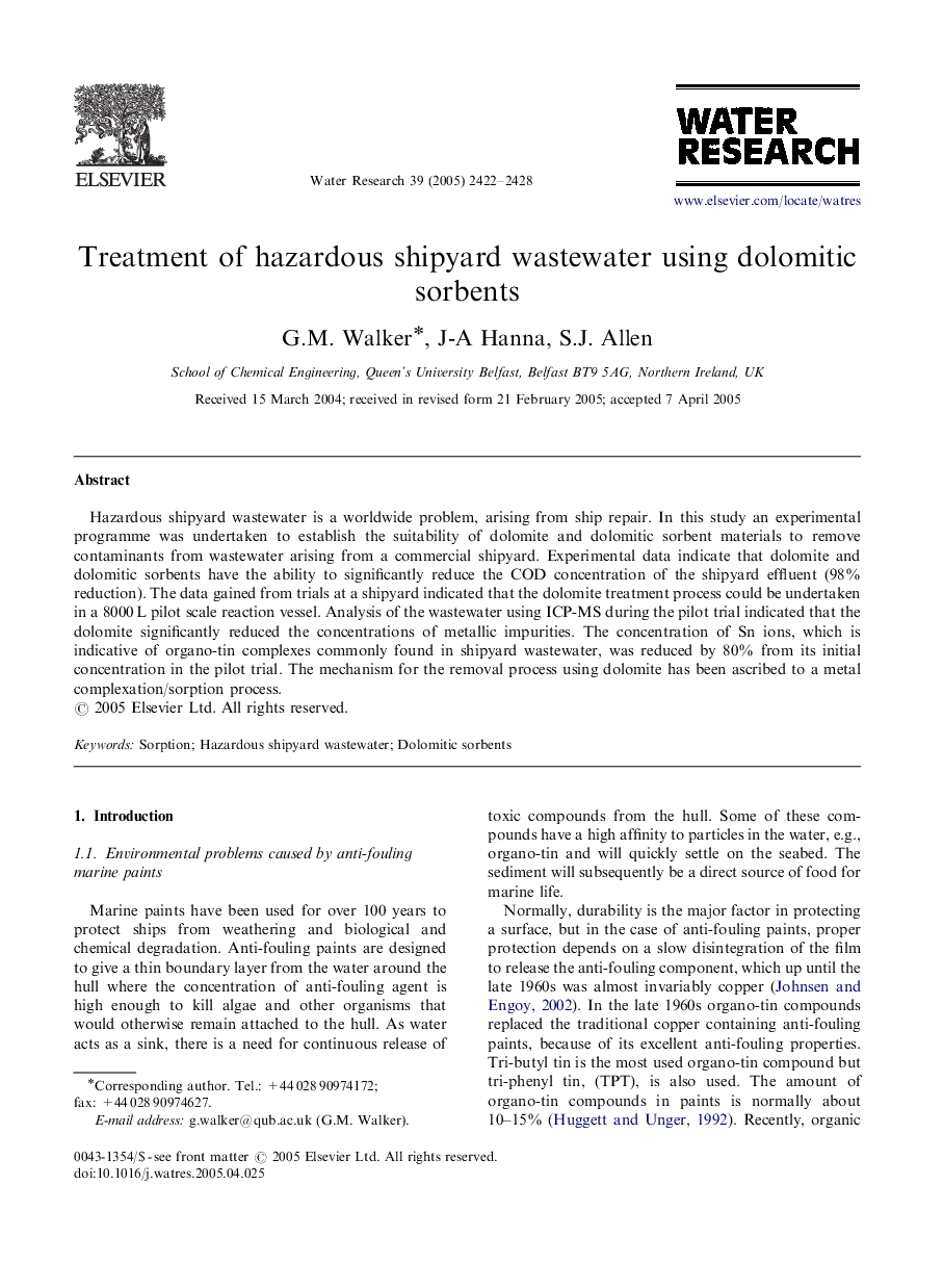 Treatment of hazardous shipyard wastewater using dolomitic sorbents