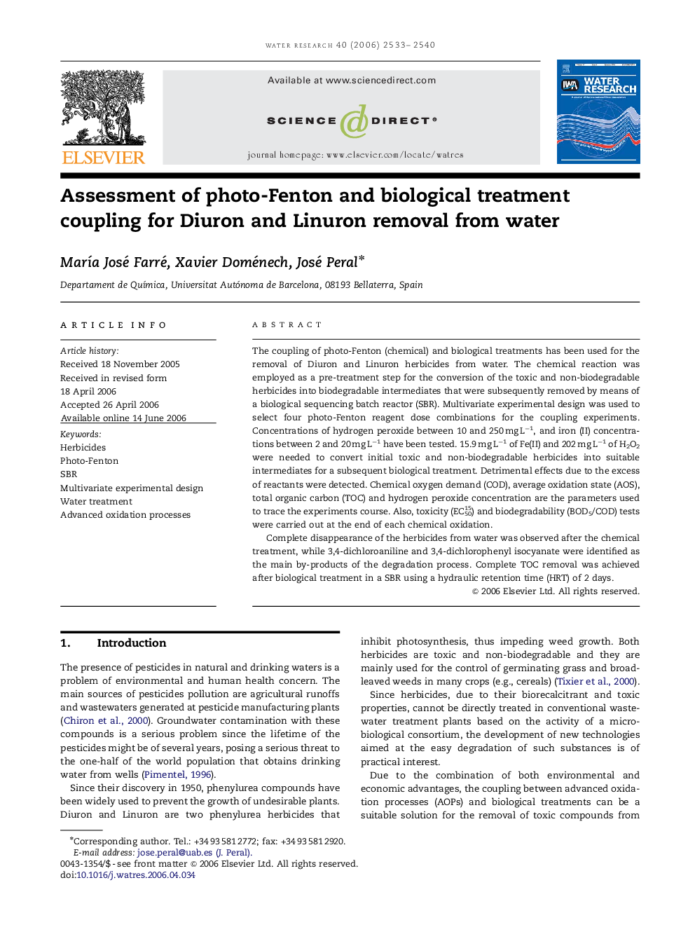 Assessment of photo-Fenton and biological treatment coupling for Diuron and Linuron removal from water