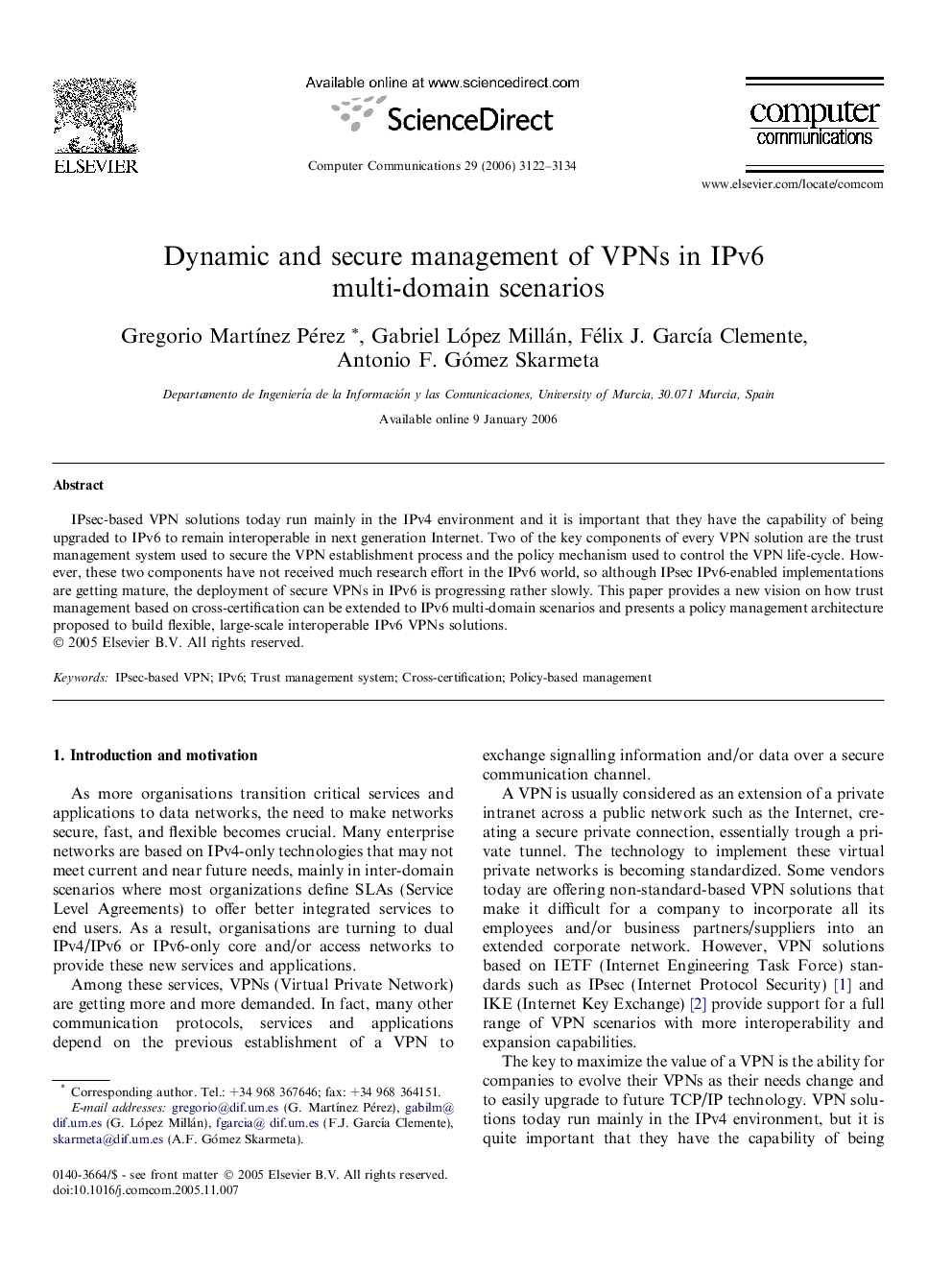 Dynamic and secure management of VPNs in IPv6 multi-domain scenarios