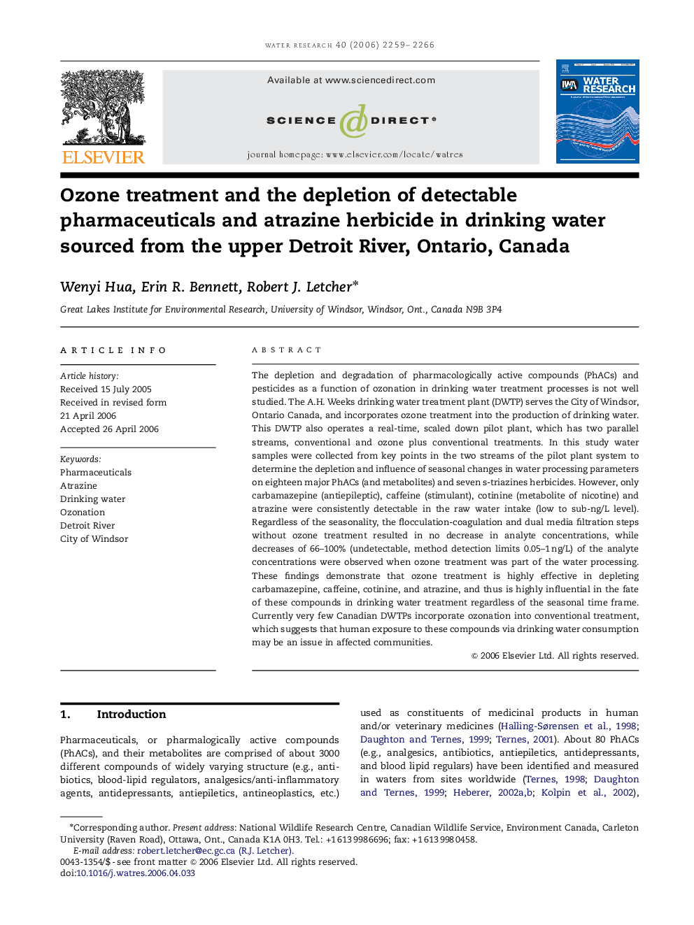 Ozone treatment and the depletion of detectable pharmaceuticals and atrazine herbicide in drinking water sourced from the upper Detroit River, Ontario, Canada