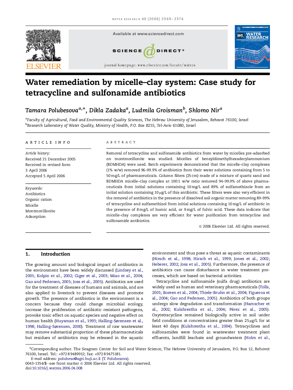 Water remediation by micelle–clay system: Case study for tetracycline and sulfonamide antibiotics