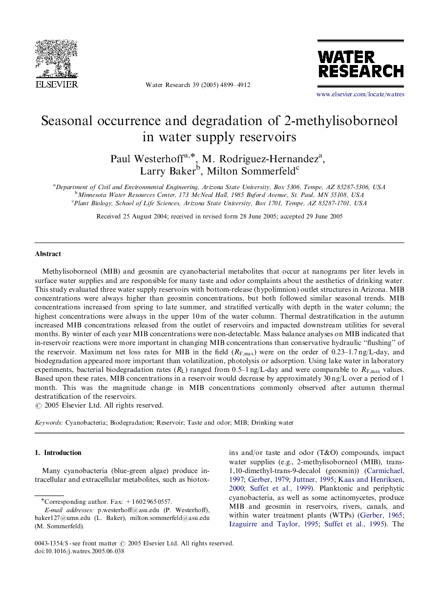 Seasonal occurrence and degradation of 2-methylisoborneol in water supply reservoirs