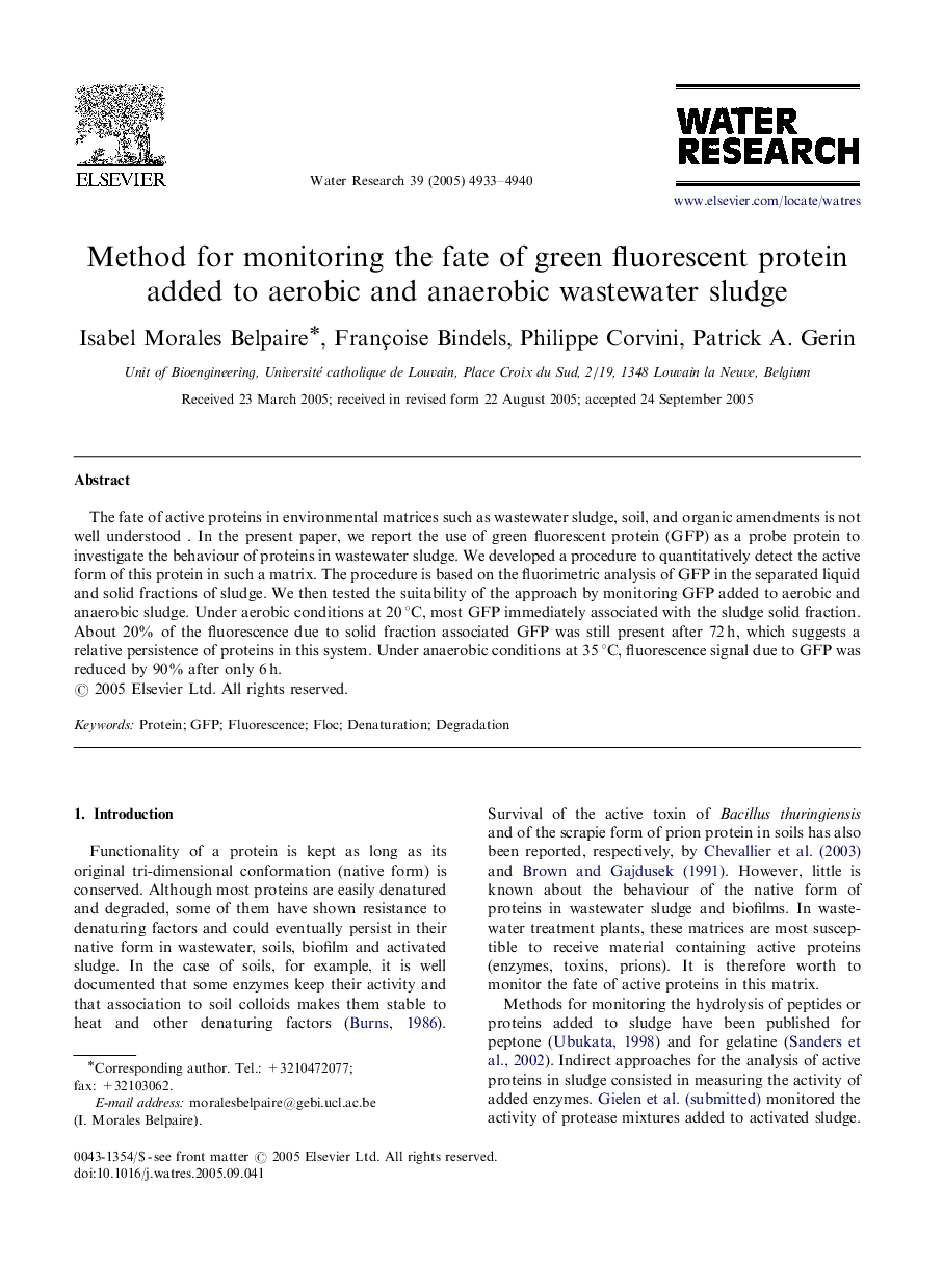 Method for monitoring the fate of green fluorescent protein added to aerobic and anaerobic wastewater sludge