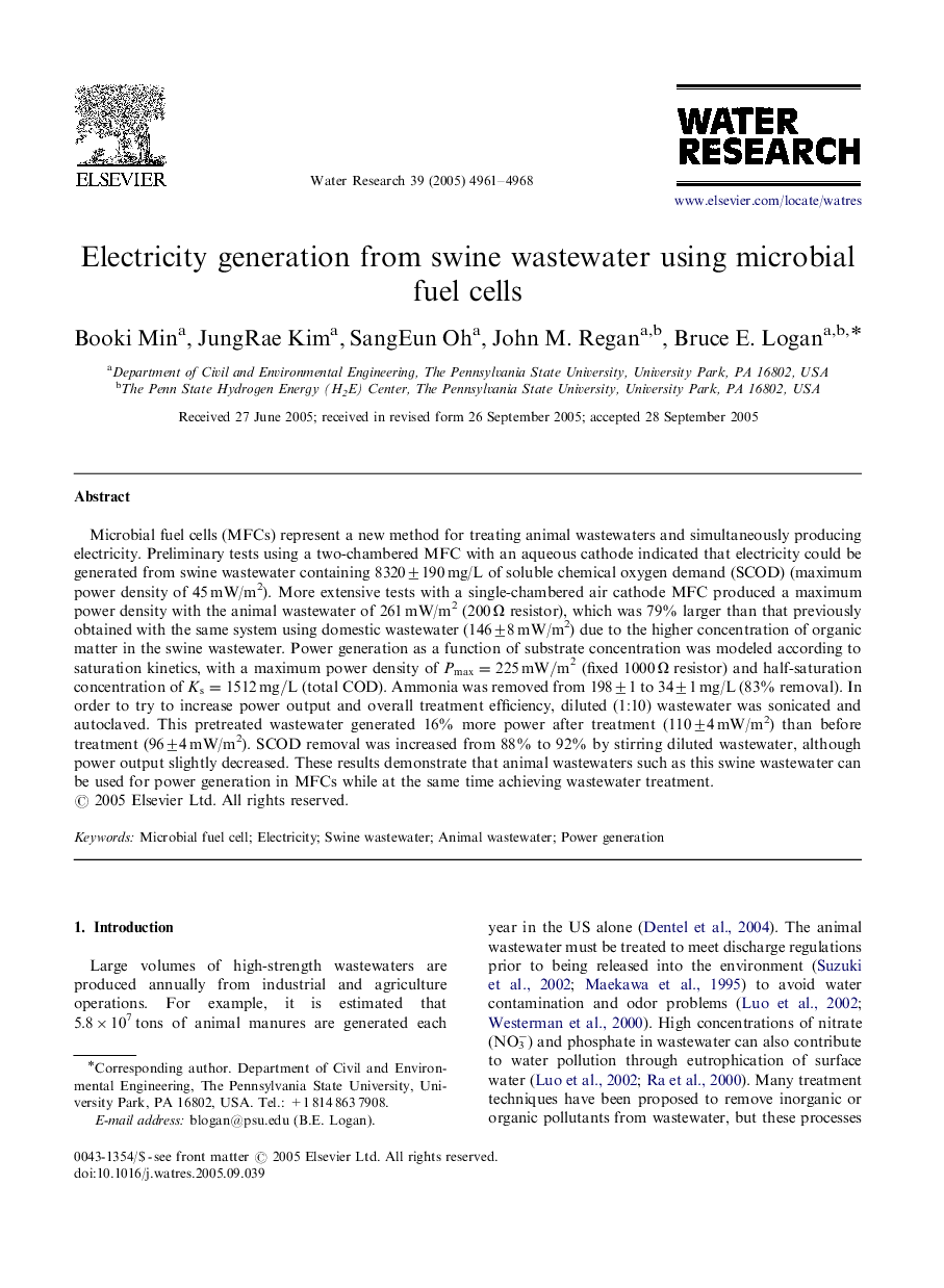 Electricity generation from swine wastewater using microbial fuel cells