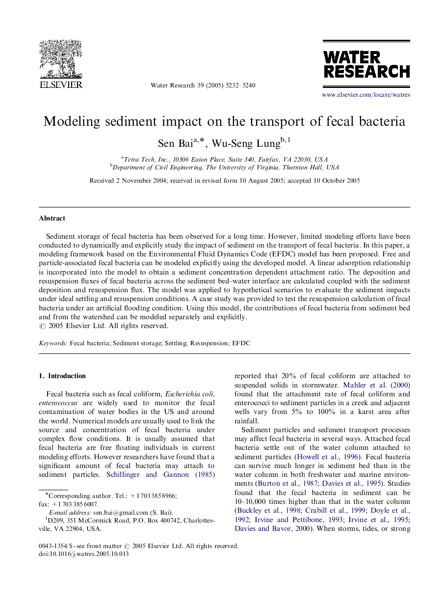 Modeling sediment impact on the transport of fecal bacteria