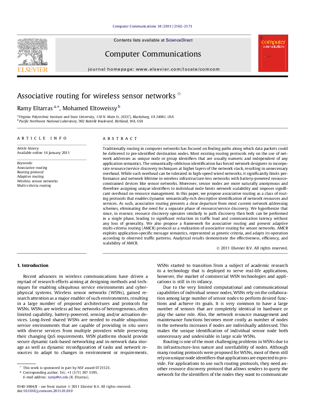 Associative routing for wireless sensor networks 