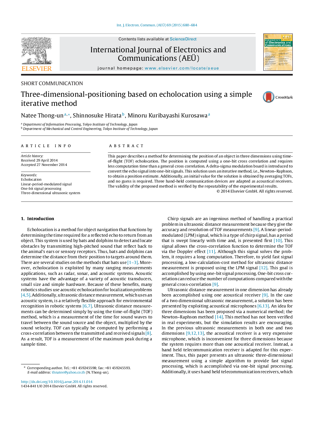 Three-dimensional-positioning based on echolocation using a simple iterative method