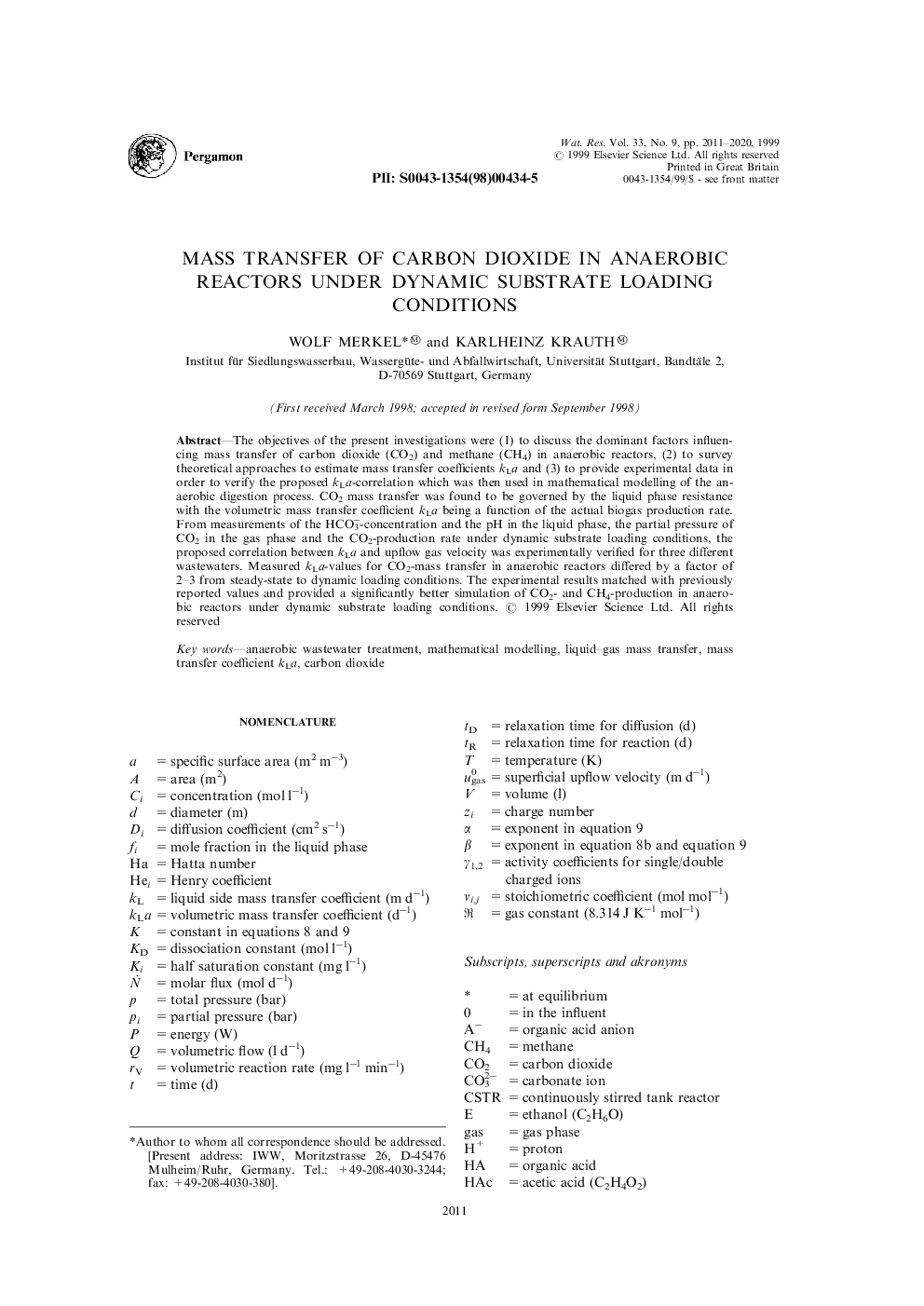 عکس صفحه اول مقاله: Mass transfer of carbon dioxide in anaerobic reactors under dynamic substrate loading conditions Mass transfer of carbon dioxide in anaerobic reactors under dynamic substrate loading conditions
