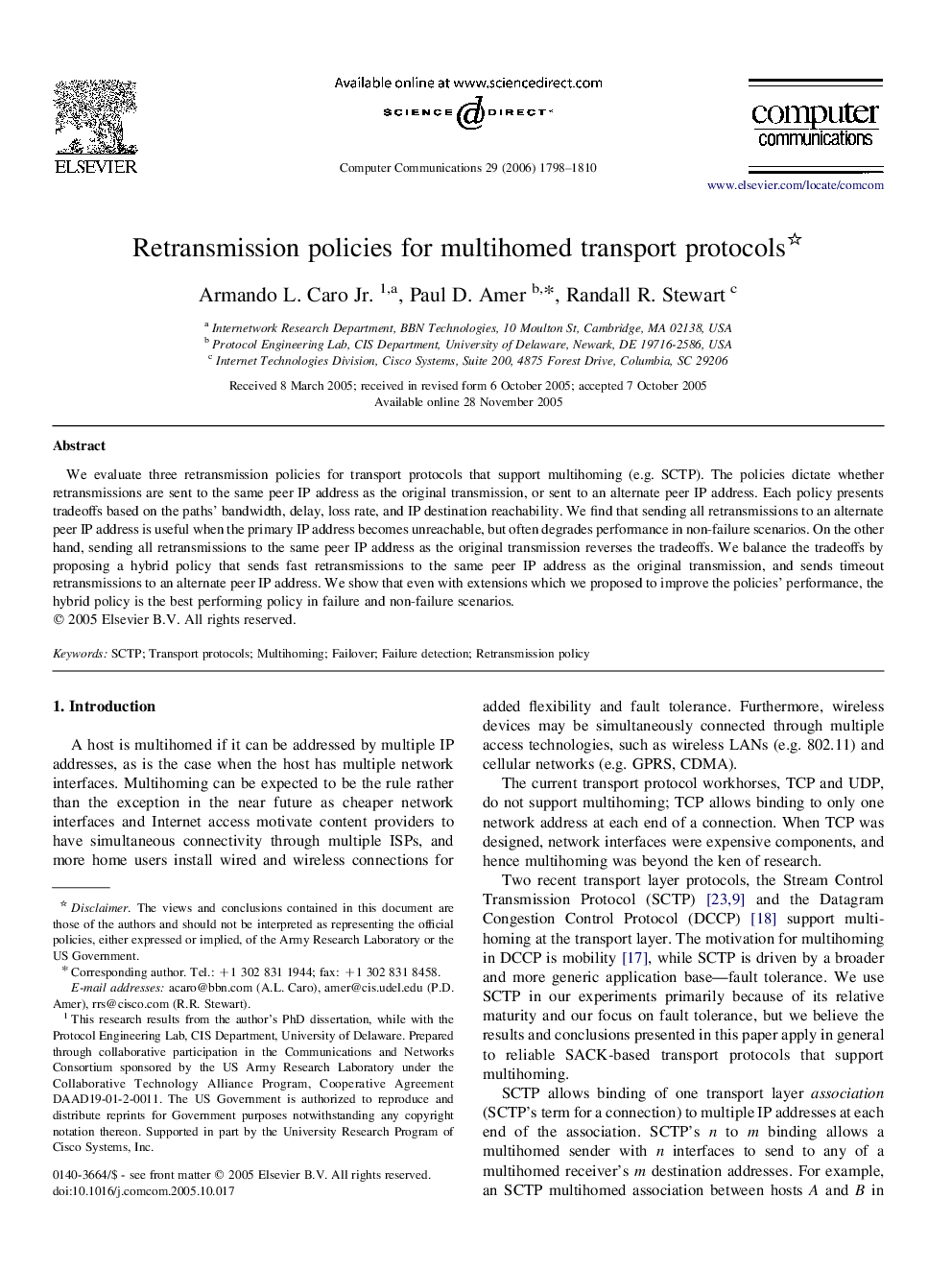 Retransmission policies for multihomed transport protocols 