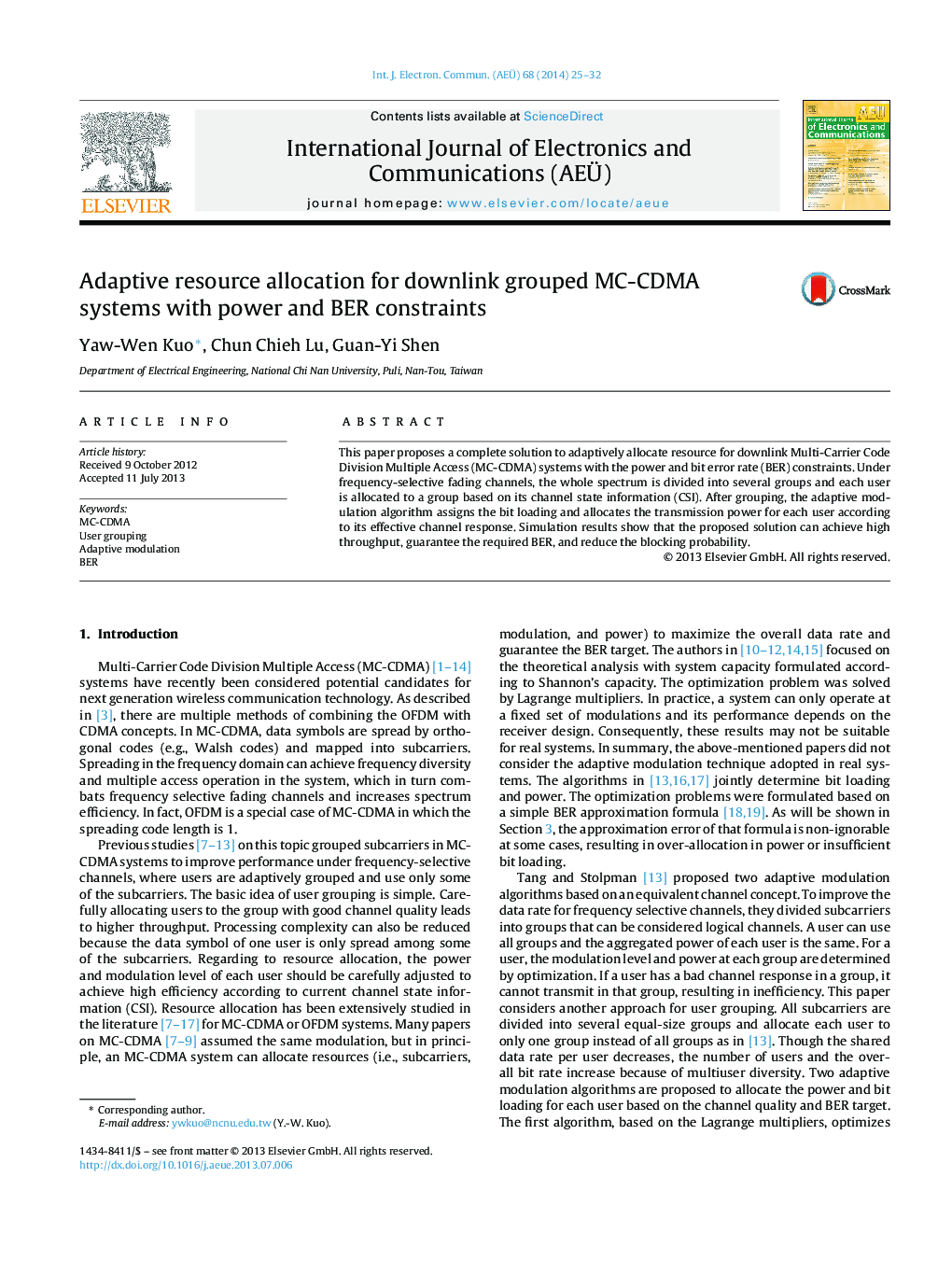 Adaptive resource allocation for downlink grouped MC-CDMA systems with power and BER constraints