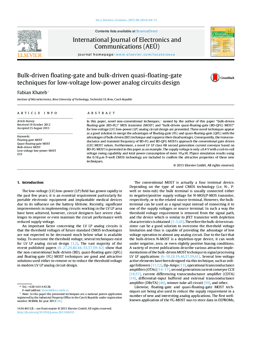 Bulk-driven floating-gate and bulk-driven quasi-floating-gate techniques for low-voltage low-power analog circuits design