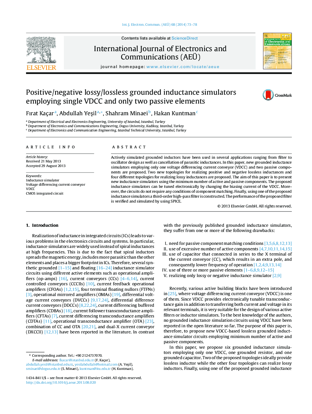 Positive/negative lossy/lossless grounded inductance simulators employing single VDCC and only two passive elements