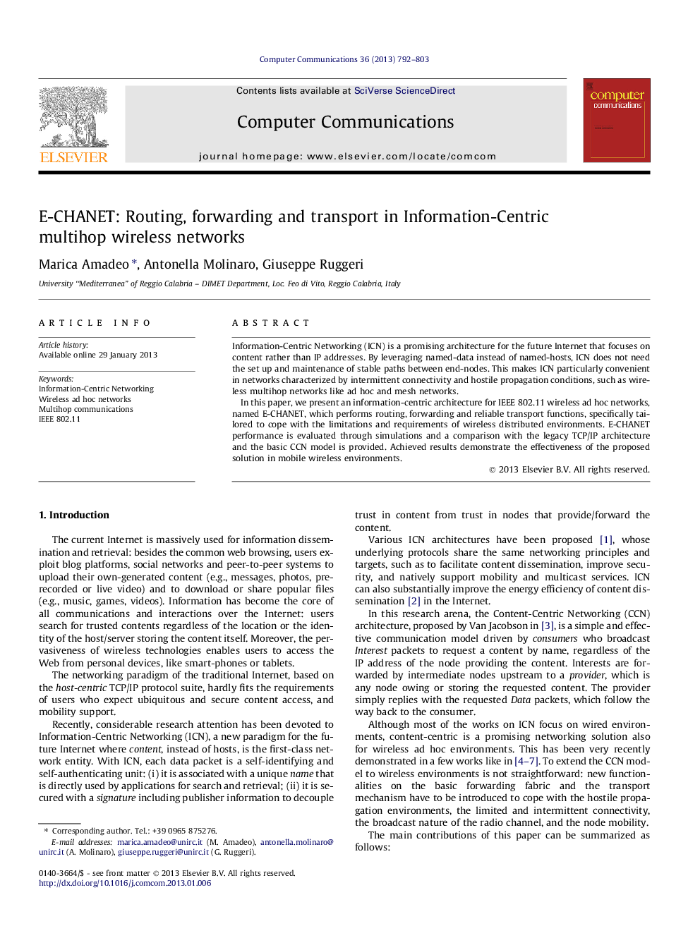 E-CHANET: Routing, forwarding and transport in Information-Centric multihop wireless networks