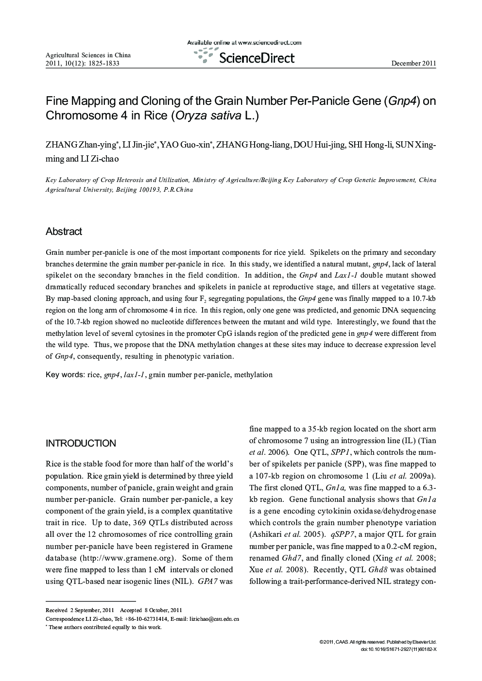 Fine Mapping and Cloning of the Grain Number Per-Panicle Gene (Gnp4) on Chromosome 4 in Rice (Oryza sativa L.)