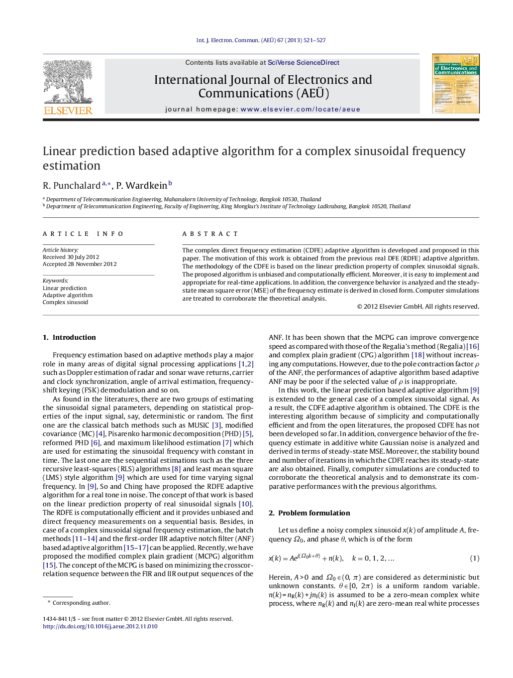 Linear prediction based adaptive algorithm for a complex sinusoidal frequency estimation