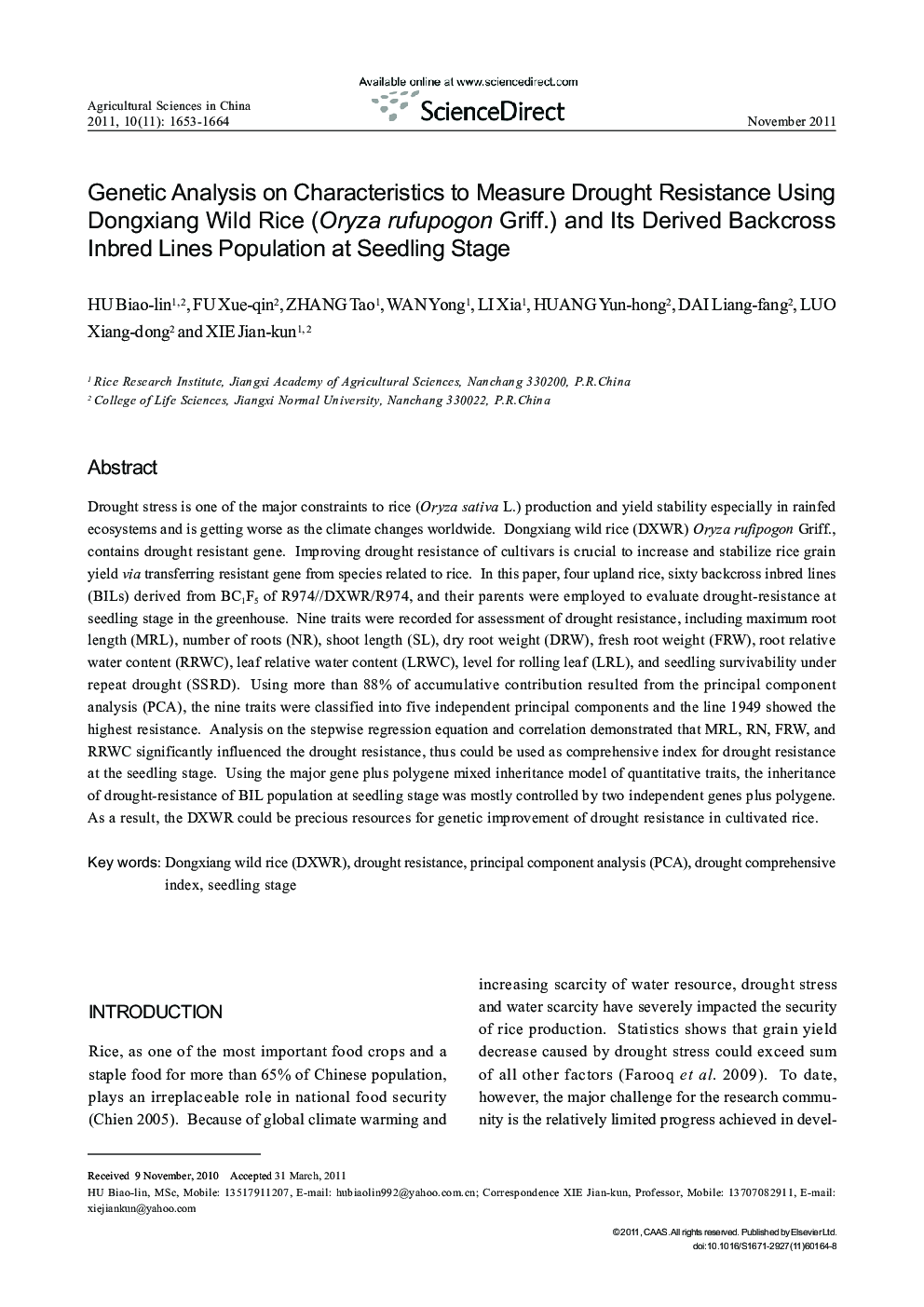 Genetic Analysis on Characteristics to Measure Drought Resistance Using Dongxiang Wild Rice (Oryza rufupogon Griff.) and Its Derived Backcross Inbred Lines Population at Seedling Stage