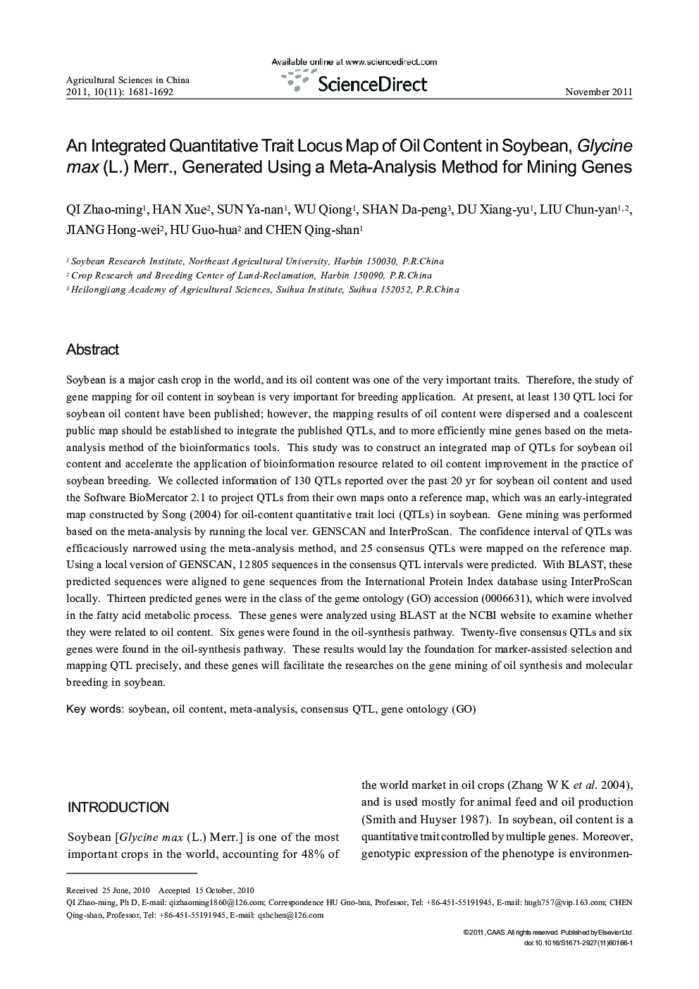 An Integrated Quantitative Trait Locus Map of Oil Content in Soybean, Glycine max (L.) Merr., Generated Using a Meta-Analysis Method for Mining Genes