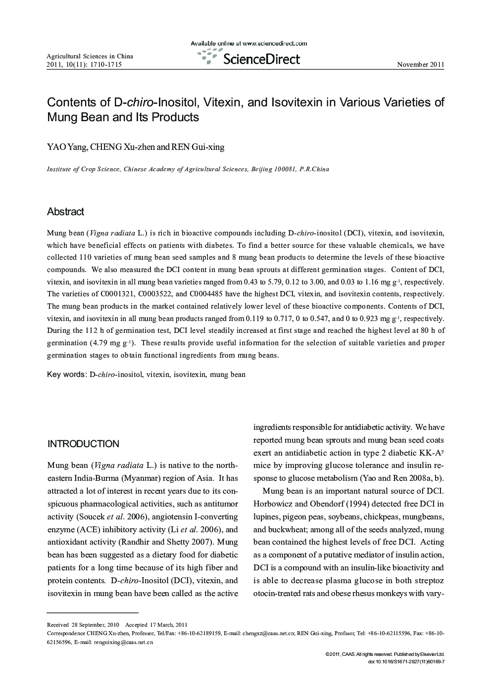 Contents of D-chiro-Inositol, Vitexin, and Isovitexin in Various Varieties of Mung Bean and Its Products