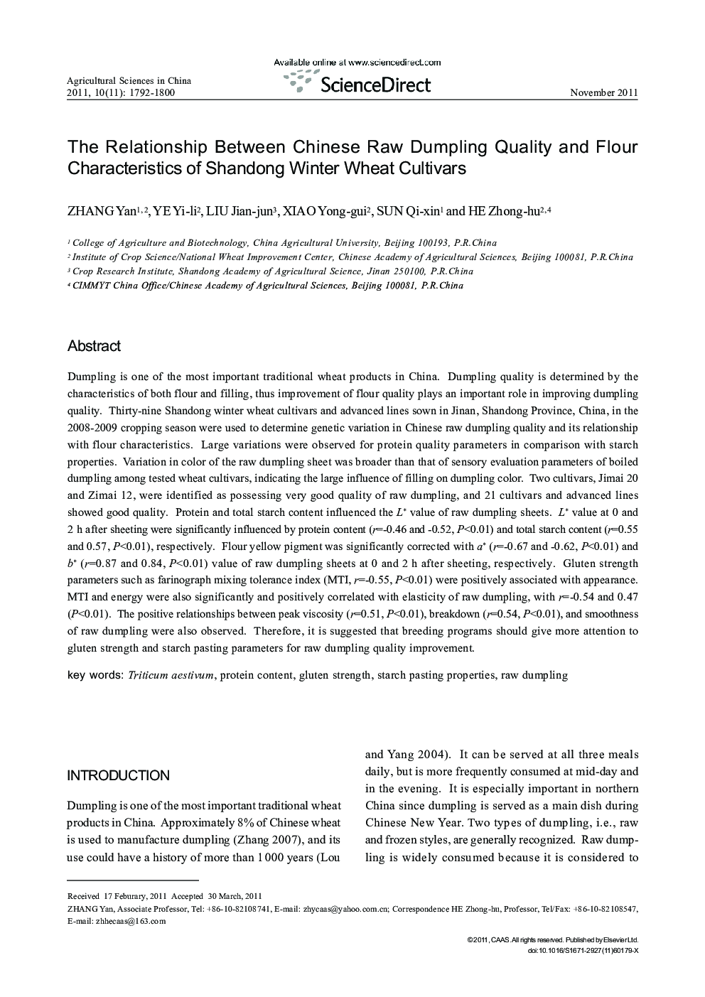 The Relationship Between Chinese Raw Dumpling Quality and Flour Characteristics of Shandong Winter Wheat Cultivars
