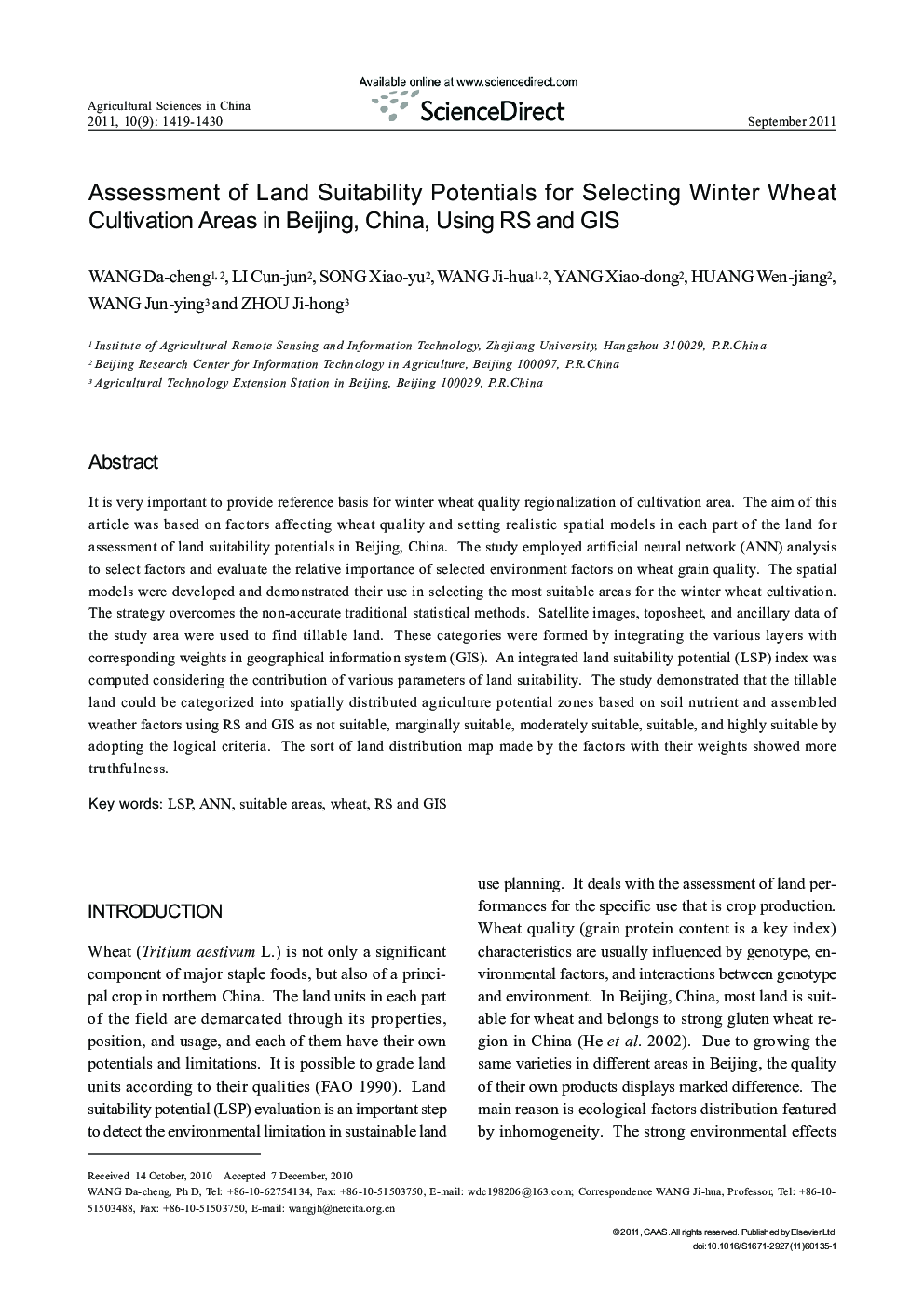 Assessment of Land Suitability Potentials for Selecting Winter Wheat Cultivation Areas in Beijing, China, Using RS and GIS