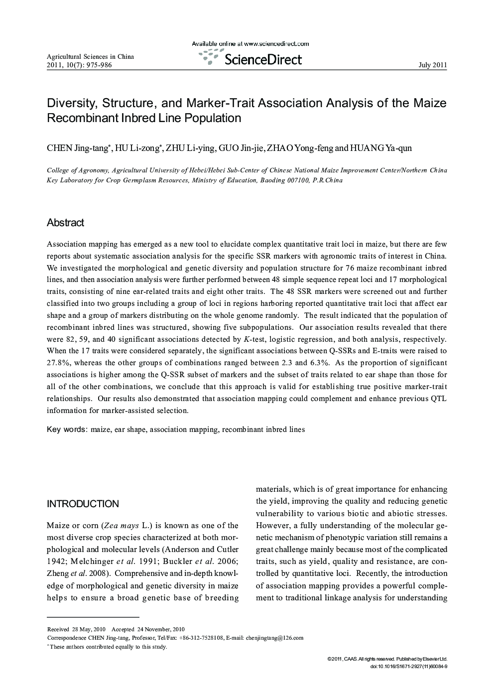 Diversity, Structure, and Marker-Trait Association Analysis of the Maize Recombinant Inbred Line Population