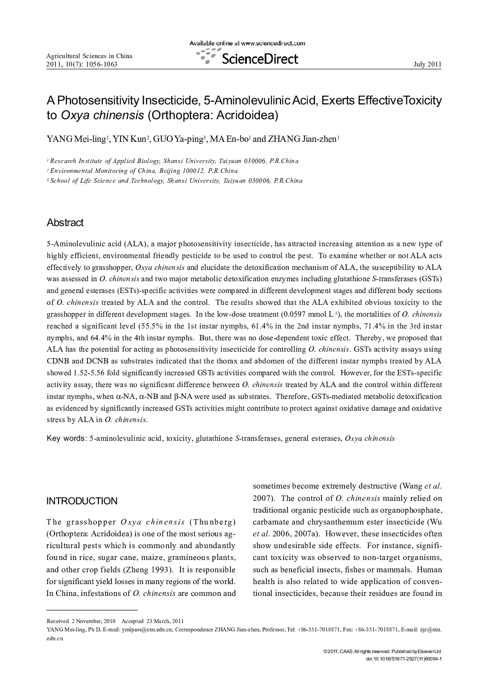 A Photosensitivity Insecticide, 5-Aminolevulinic Acid, Exerts EffectiveToxicity to Oxya chinensis (Orthoptera: Acridoidea)