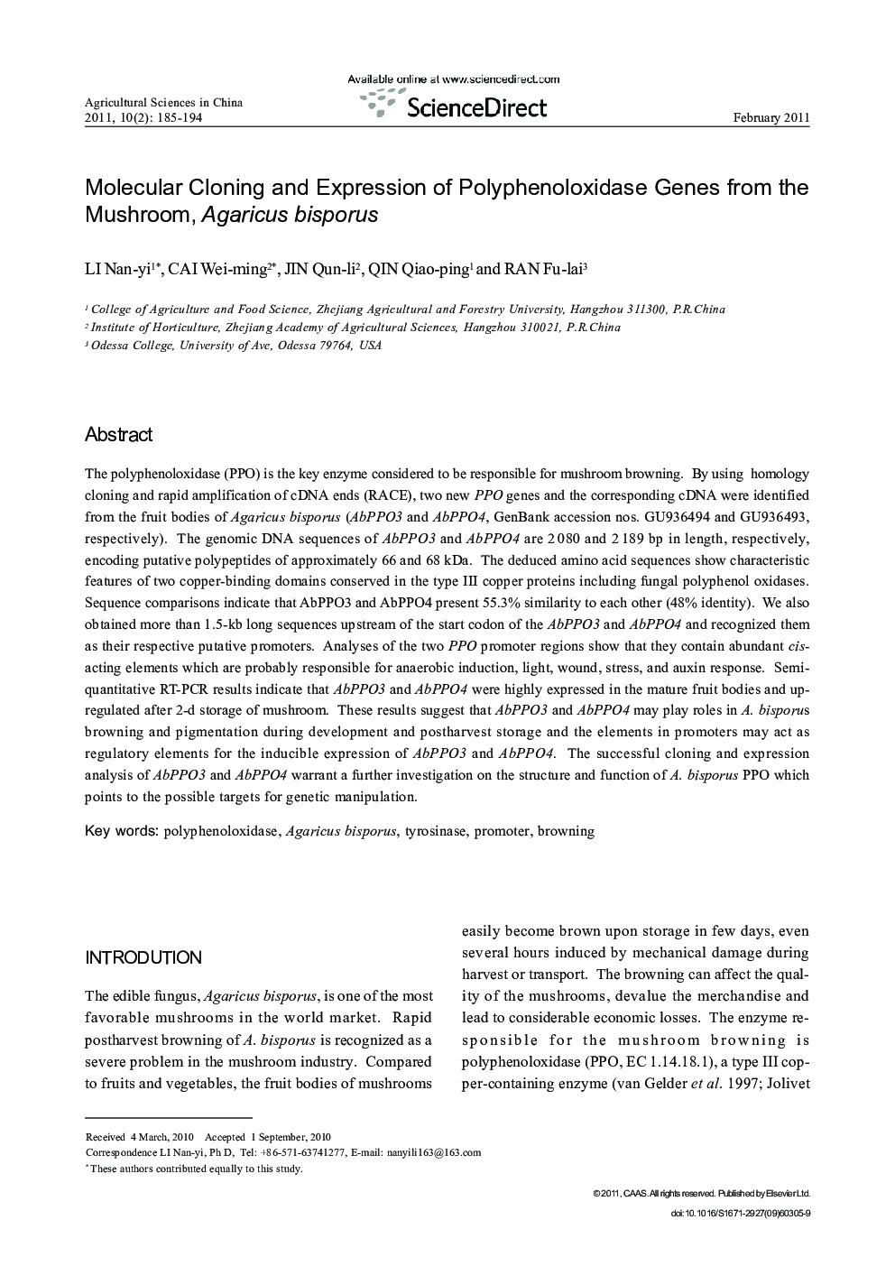 Molecular Cloning and Expression of Polyphenoloxidase Genes from the Mushroom, Agaricus bisporus