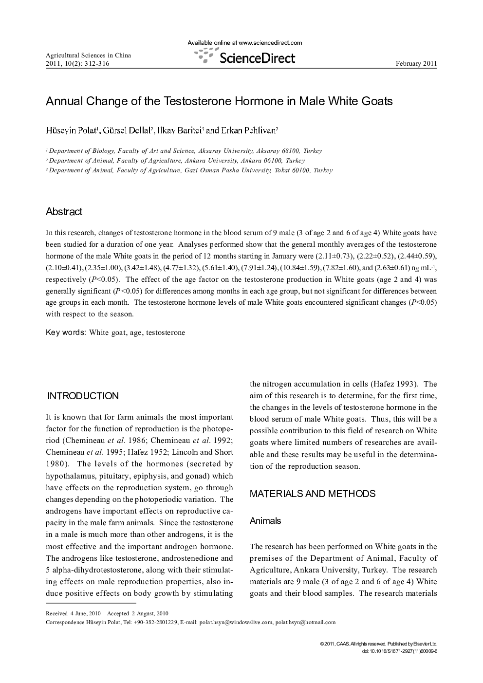 Annual Change of the Testosterone Hormone in Male White Goats