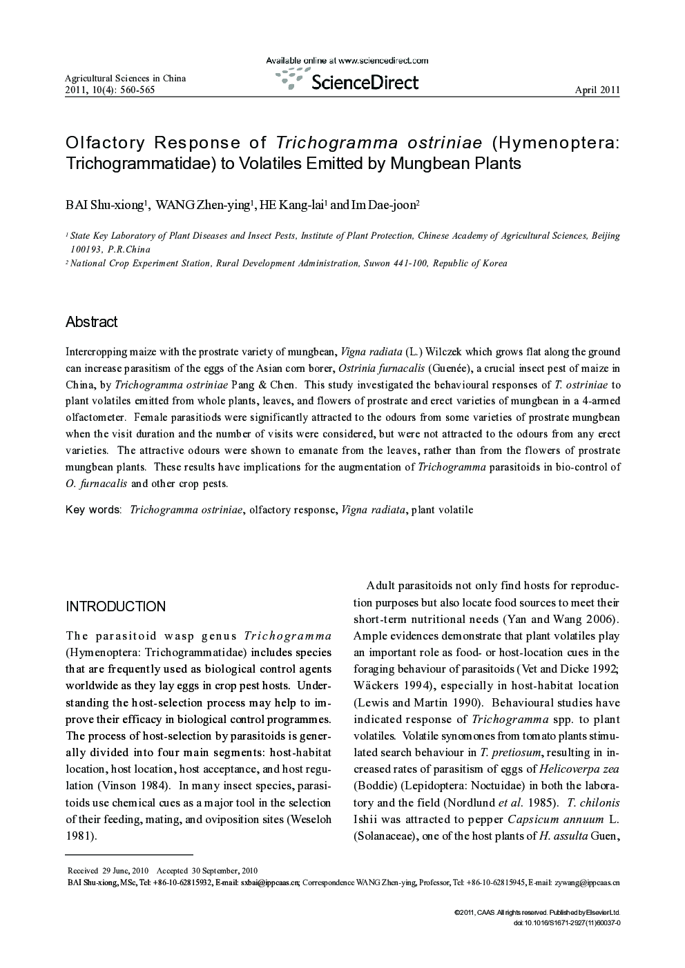 Olfactory Response of Trichogramma ostriniae (Hymenoptera: Trichogrammatidae) to Volatiles Emitted by Mungbean Plants