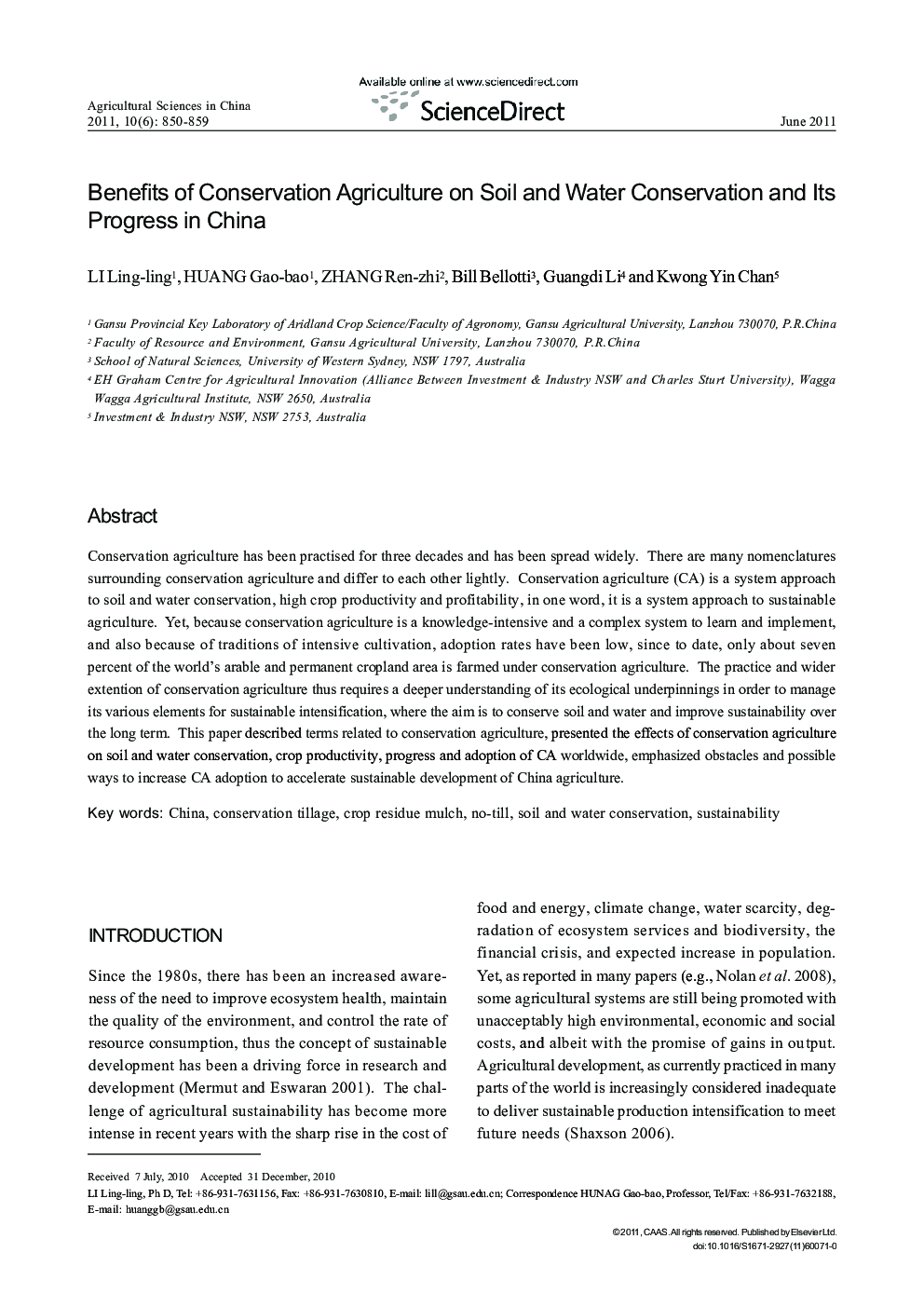 Benefits of Conservation Agriculture on Soil and Water Conservation and Its Progress in China