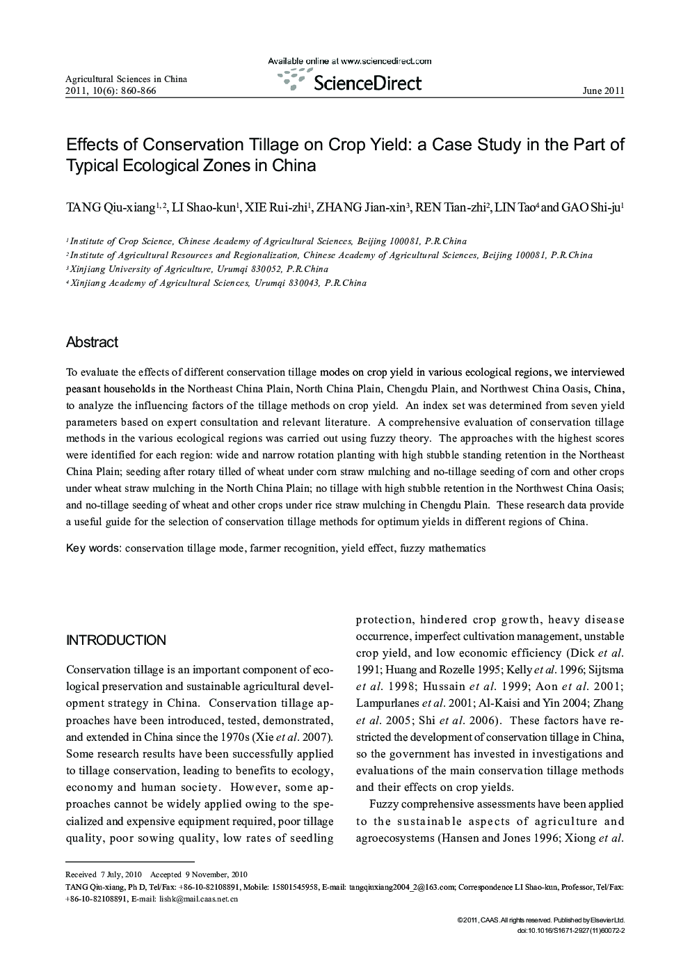 Effects of Conservation Tillage on Crop Yield: a Case Study in the Part of Typical Ecological Zones in China