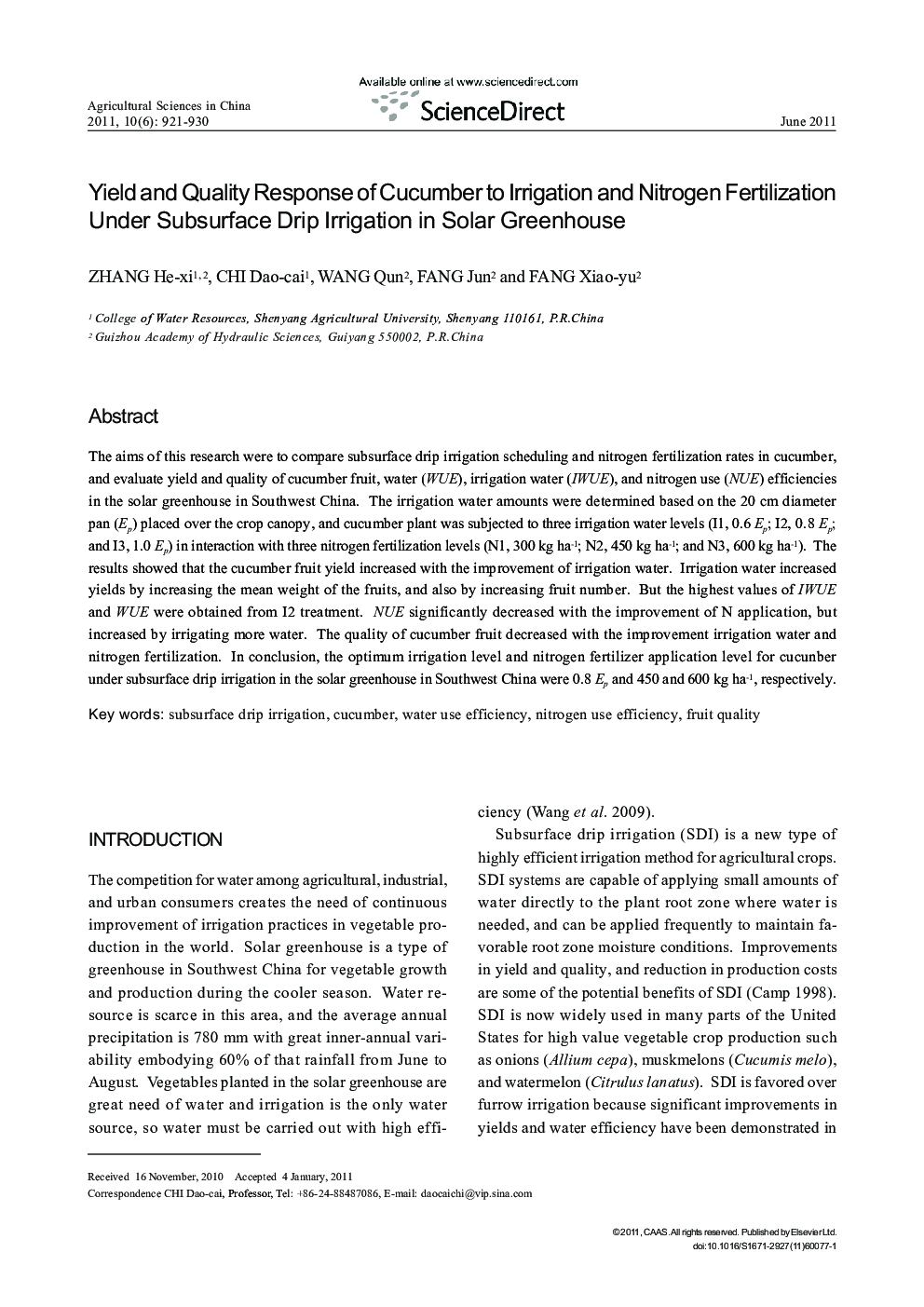 Yield and Quality Response of Cucumber to Irrigation and Nitrogen Fertilization Under Subsurface Drip Irrigation in Solar Greenhouse