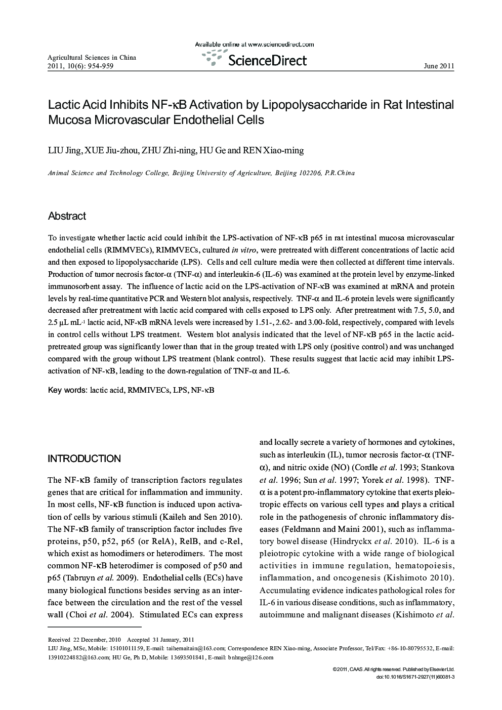 Lactic Acid Inhibits NF-κB Activation by Lipopolysaccharide in Rat Intestinal Mucosa Microvascular Endothelial Cells