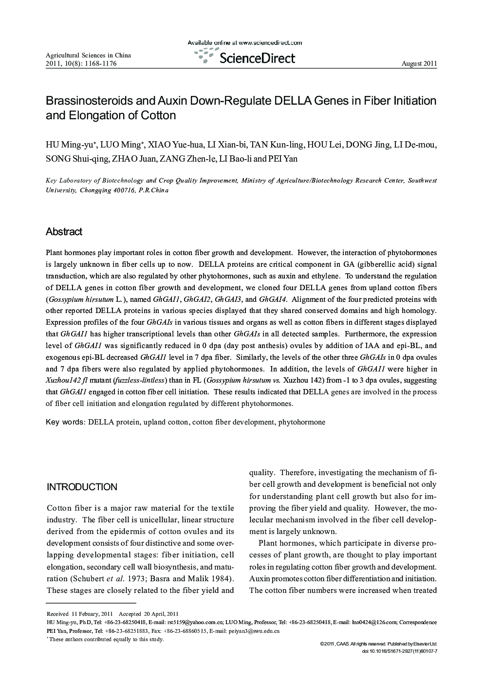 Brassinosteroids and Auxin Down-Regulate DELLA Genes in Fiber Initiation and Elongation of Cotton