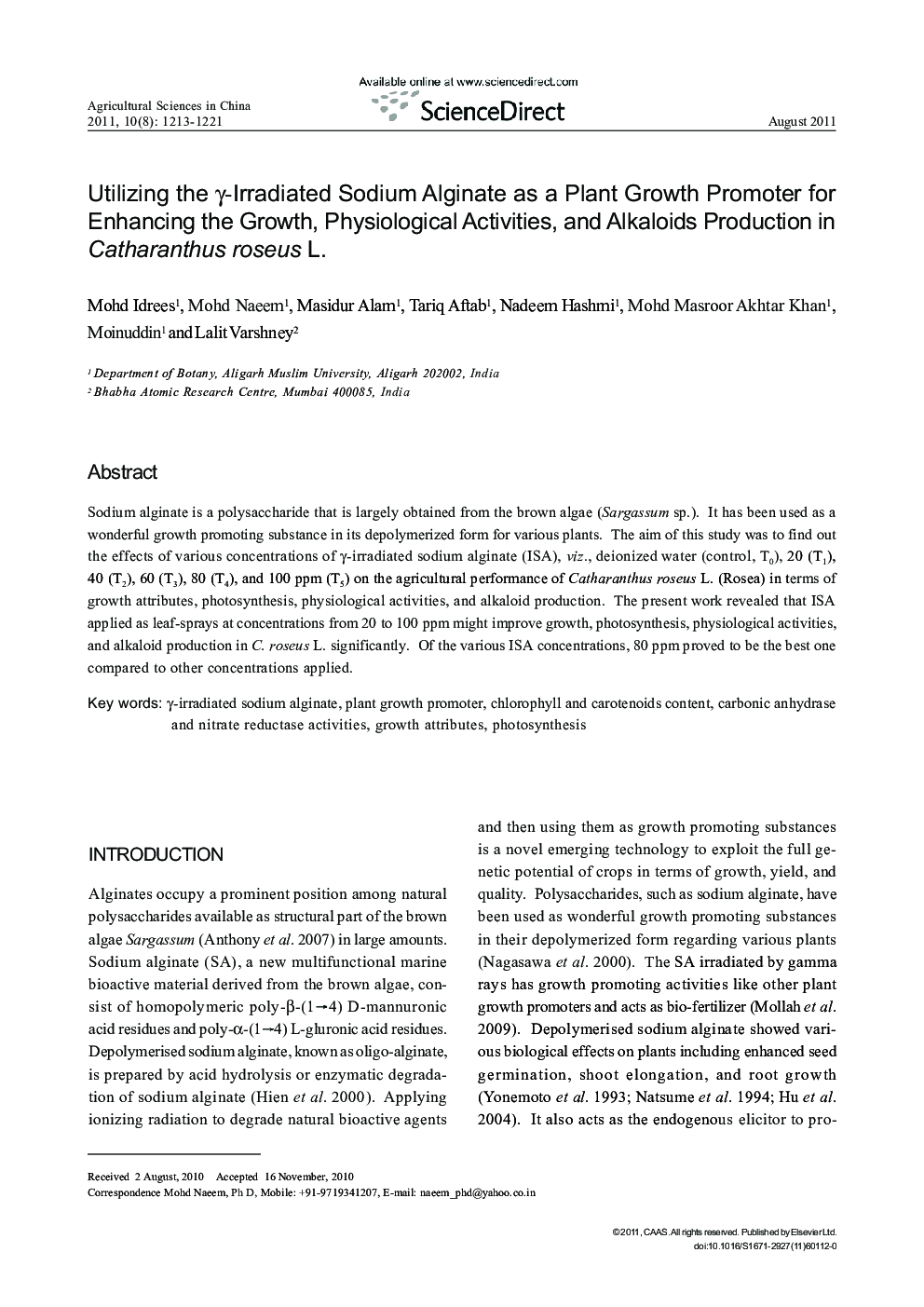 Utilizing the γ-Irradiated Sodium Alginate as a Plant Growth Promoter for Enhancing the Growth, Physiological Activities, and Alkaloids Production in Catharanthus roseus L.