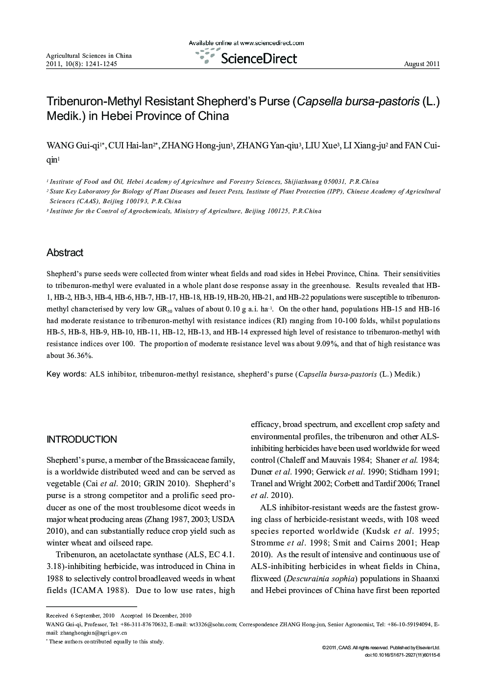 Tribenuron-Methyl Resistant Shepherd's Purse (Capsella bursa-pastoris (L.) Medik.) in Hebei Province of China