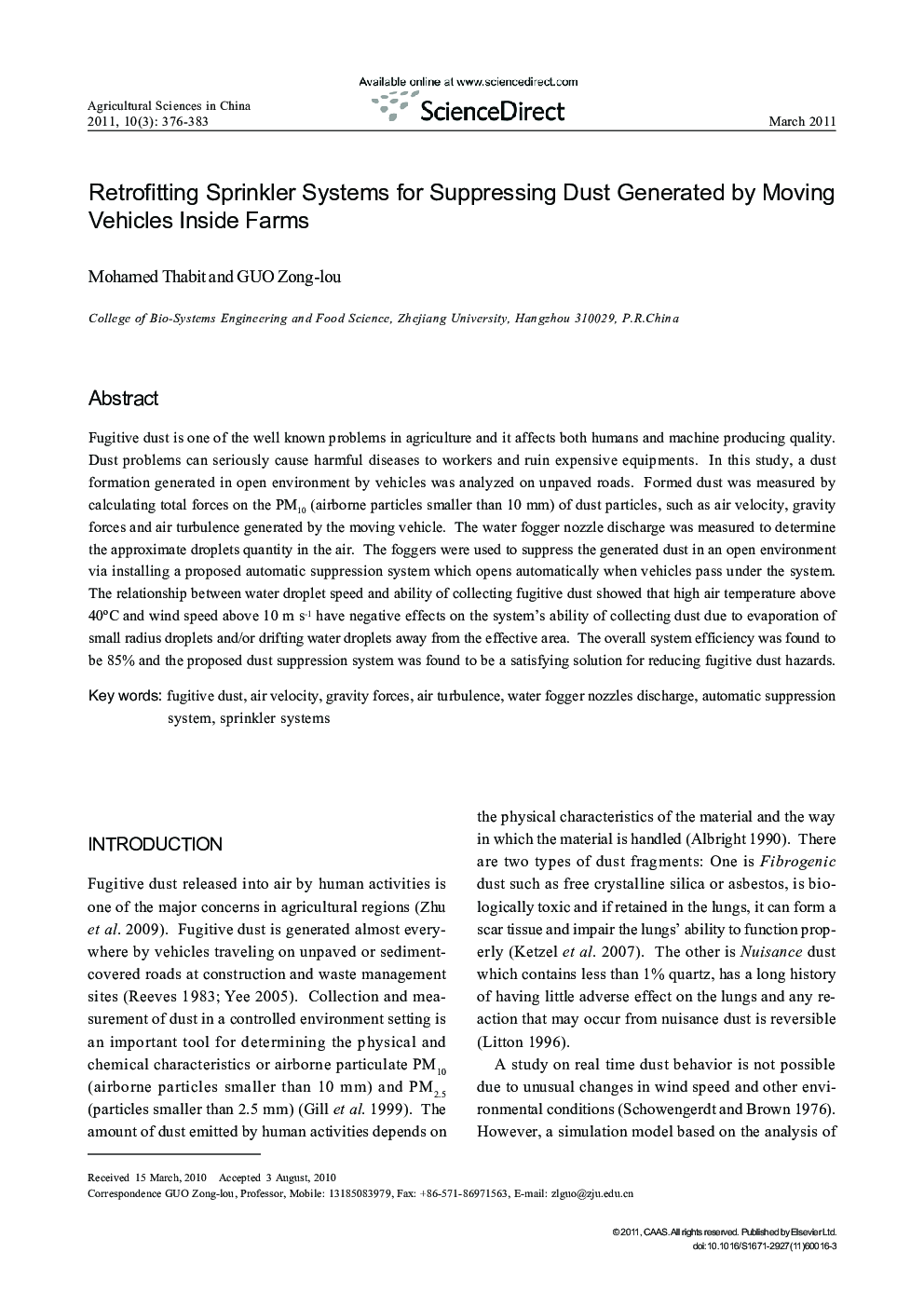 Retrofitting Sprinkler Systems for Suppressing Dust Generated by Moving Vehicles Inside Farms