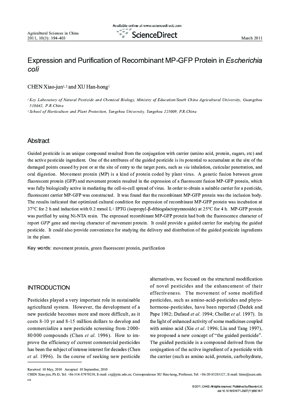 Expression and Purification of Recombinant MP-GFP Protein in Escherichia coli