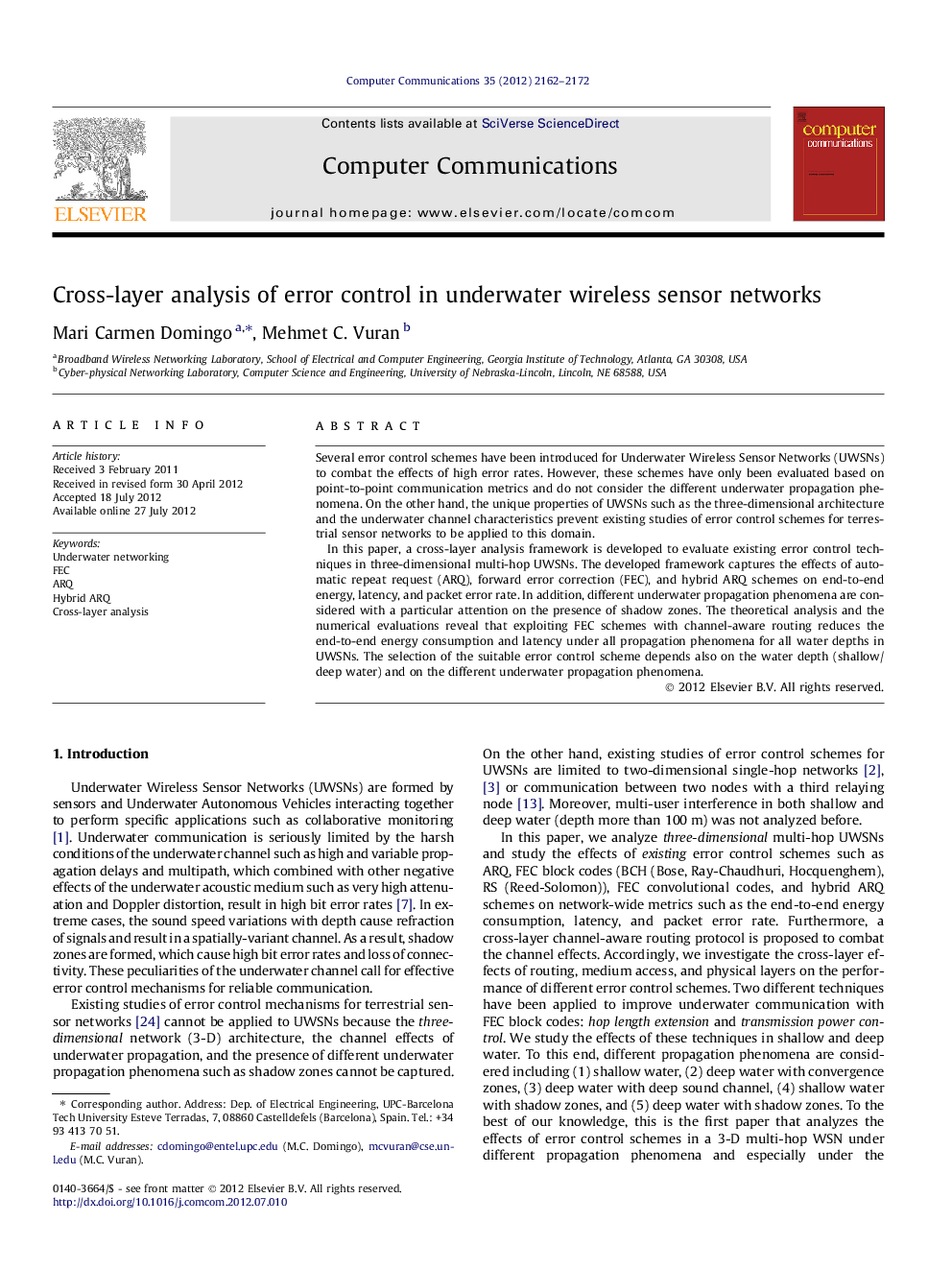 Cross-layer analysis of error control in underwater wireless sensor networks