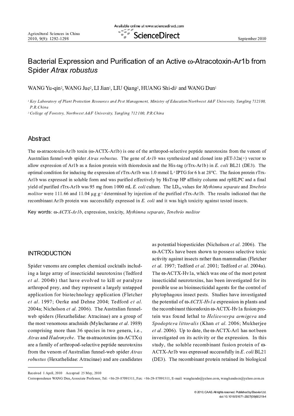 Bacterial Expression and Purification of an Active ω-Atracotoxin-Ar1b from Spider Atrax robustus