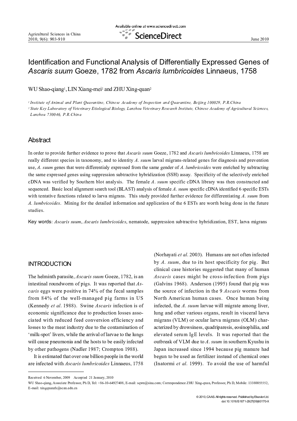 Identification and Functional Analysis of Differentially Expressed Genes of Ascaris suum Goeze, 1782 from Ascaris lumbricoides Linnaeus, 1758