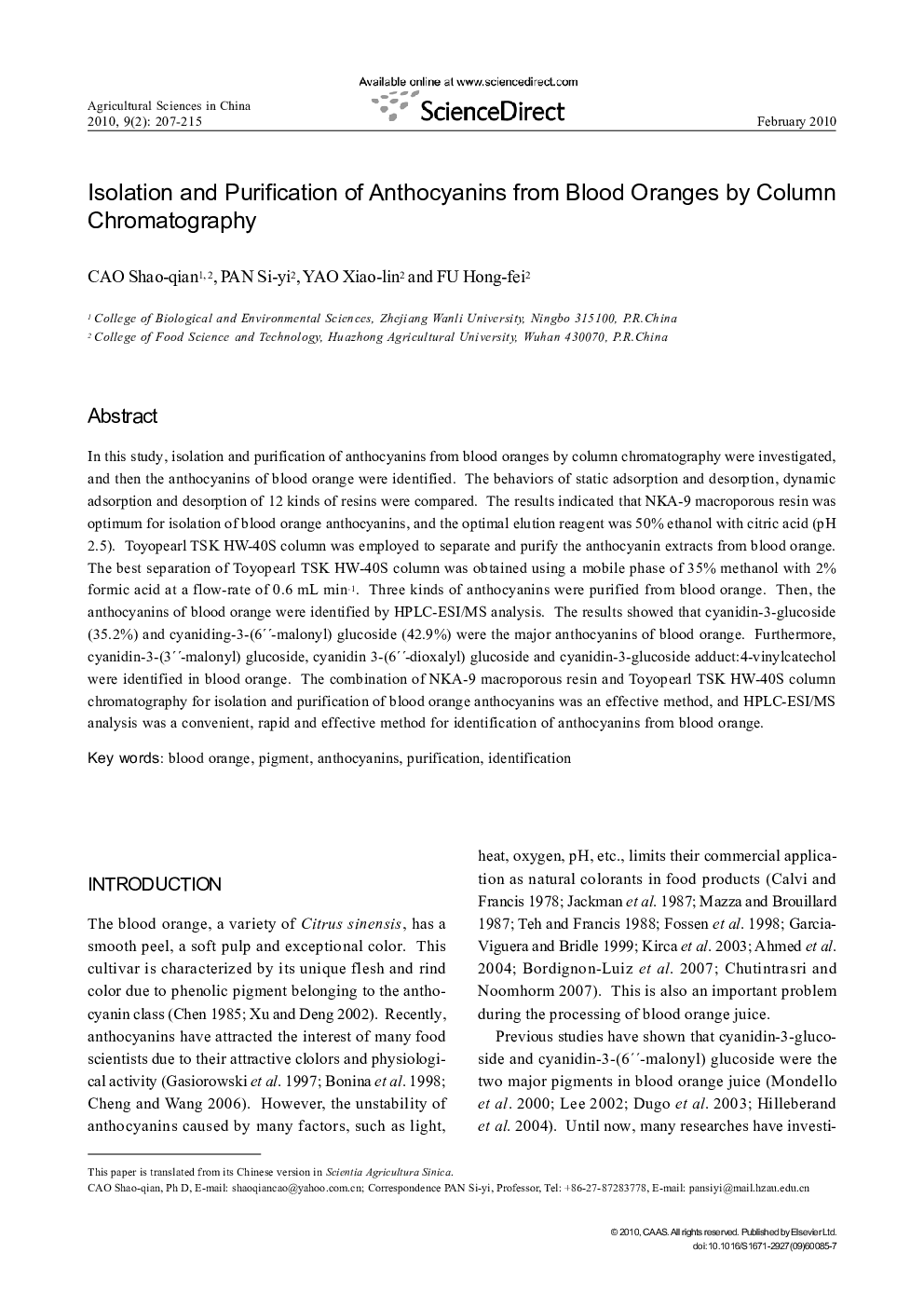 Isolation and Purification of Anthocyanins from Blood Oranges by Column Chromatography 