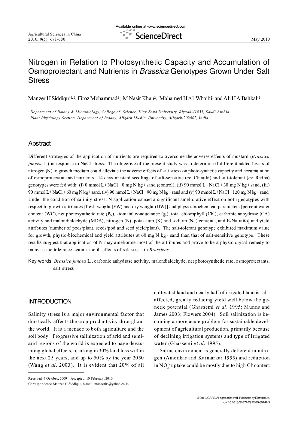 Nitrogen in Relation to Photosynthetic Capacity and Accumulation of Osmoprotectant and Nutrients in Brassica Genotypes Grown Under Salt Stress