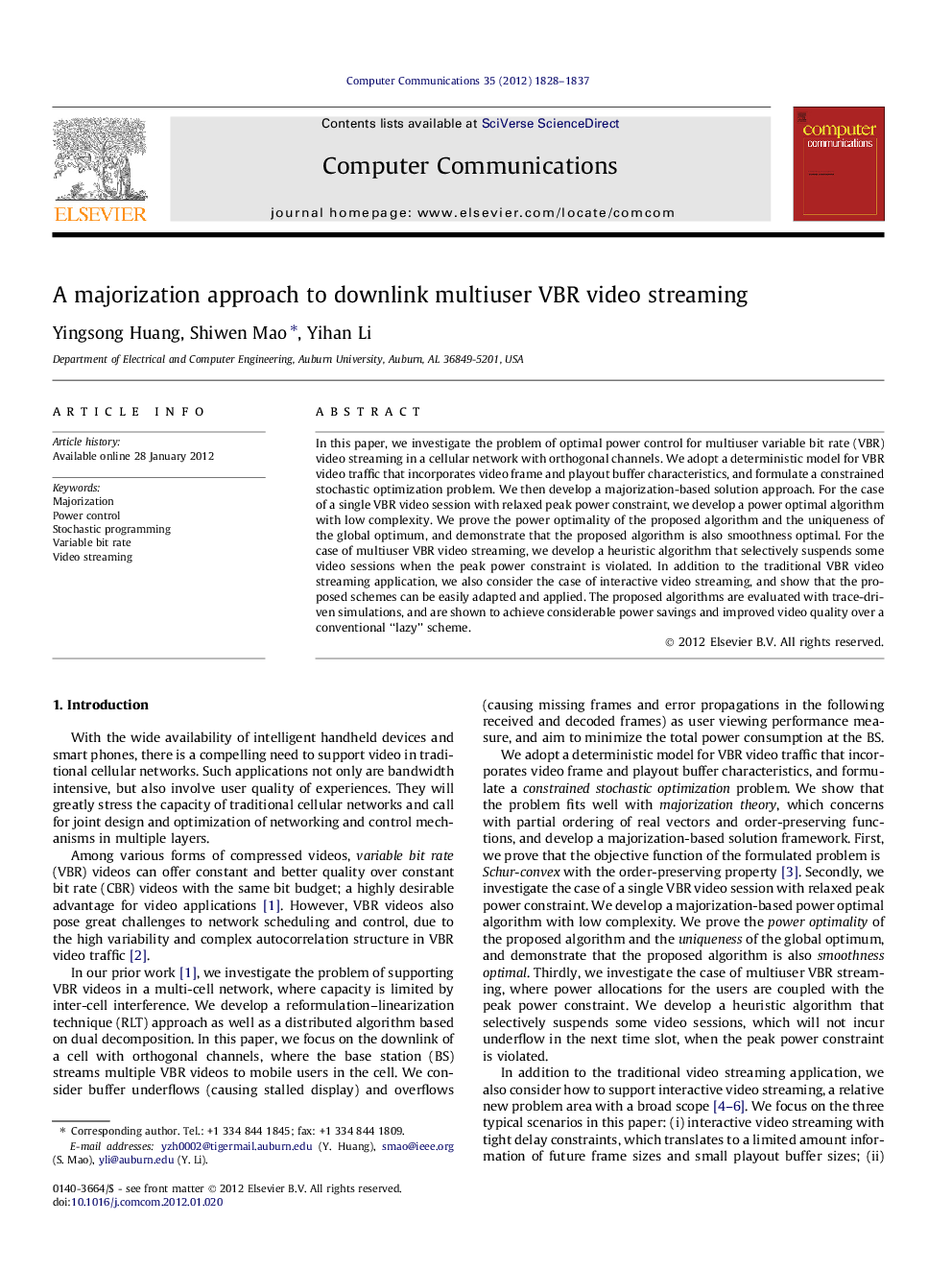 A majorization approach to downlink multiuser VBR video streaming