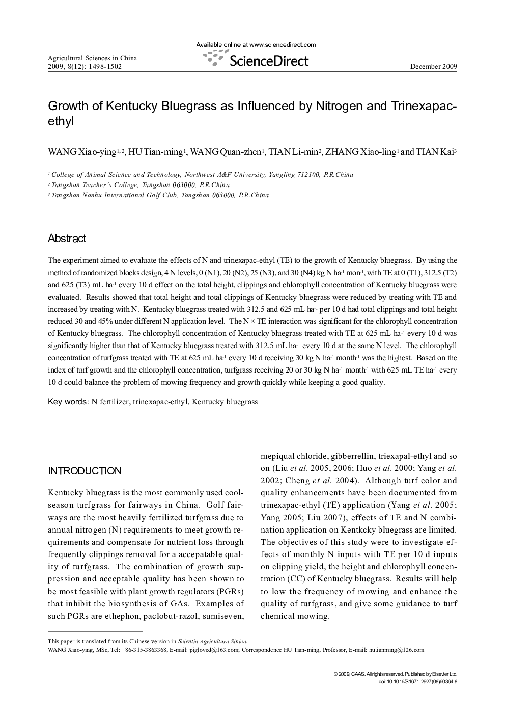 Growth of Kentucky Bluegrass as Influenced by Nitrogen and Trinexapacethyl 